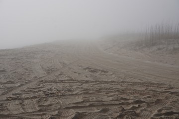 Amelia Island, Florida, USA: Tire tracks in the sand at mist-covered American Beach, on the Atlantic Ocean.