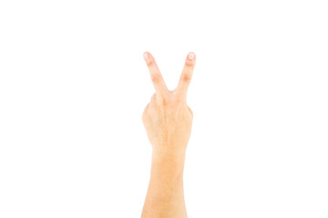 Asian male hand showing v sign on white background.