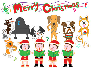 Fototapeta premium 子供と犬たちのクリスマスコンサート。