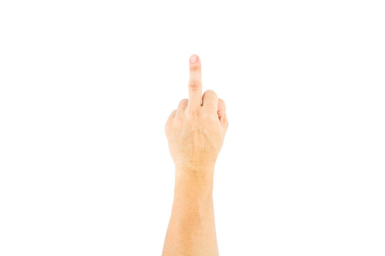 Asian male hand showing middle finger  on white background.