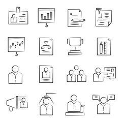 hand drawn office and business management concept icon set