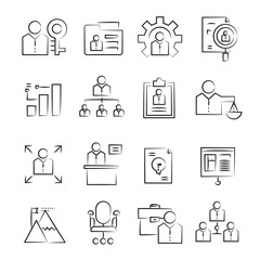 hand drawn office and business management concept icon set