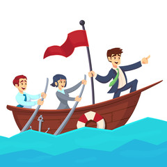 Businessman with leader red victory flag lead business team sailing on boat in the ocean.
