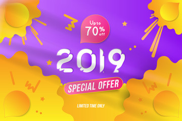 Happy new year 2019 Sale 70% Banner with with special offer on yellow color background. Creative template with decorative elements. Flat vector illustration EPS10