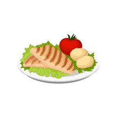 Grilled meat served with vegetables on a plate, vector Illustration on a white background