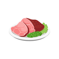 Grilled meat with green peas and lettuce leaves on a plate vector Illustration on a white background
