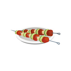Barbeque kebabs on skewers on a plate, grilled meat vector Illustration on a white background