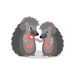 Couple of hedgehogs, hedgehog giving a flower to another, cute animals cartoon characters vector Illustration on a white background