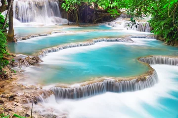 Papier Peint photo Lavable Cascades Eau turquoise de la cascade de Kuang Si