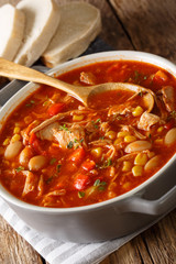 Brunswick Stew - thick, flavorful and hearty one-pot stew with vegetables and meat on a chicken broth and BBQ sauce close-up in a bowl. vertical