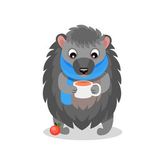Cute hedgehog wearing blue scarf drinking hot tea, sweet animal cartoon character vector Illustration on a white background