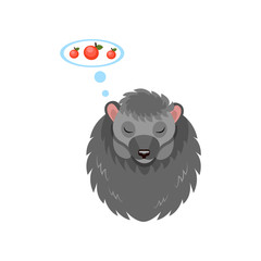 Cute hedgehog sleeping and dreaming about apples, sweet animal cartoon character vector Illustration on a white background