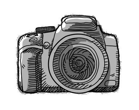Hand drawn cartoon vector illustration of a mirrorless pocket camera DSLR