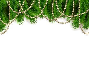 Merry Christmas Happy New Year background fir branches decorative realistic beads, vector illustration