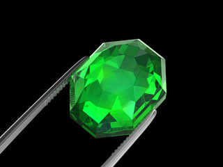 Emerald Seen close up with tweezers, 3D illustration