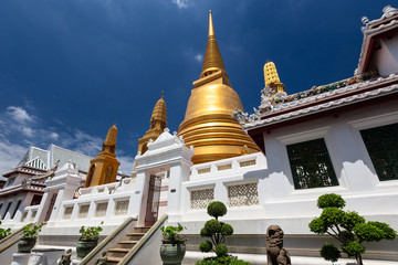 Golden pagoda,Ancient Temple old Chinese multi colour rooftop style at Wat Bowon Niwet...
