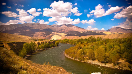 Landscape of colored mountain near Kokemeren river in Djumgal, Kyrgyzstan
