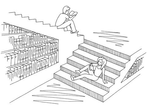 Children reading books sitting on the steps in the library graphic black white sketch illustration vector