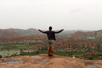 The landscape view or scenery of Hampi, viewed from Anjana mountain (Hanuman Temple) in Anegundi