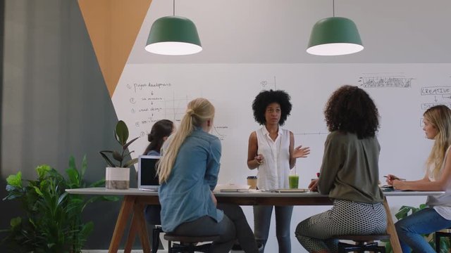 diverse business women meeting in boardroom brainstorming team manager presenting creative ideas for project using financial graph data in office workplace presentation