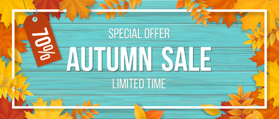 Autumn sale. Fallen maple leaves, frame and typographics. Background for invitation, discount offer or flyer. Realistic detailed vector template.
