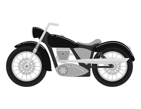Retro vintage classical motorcycle of black color. Two-wheeled vehicle. In flat style a vector. A design concept an icon for the websites and children's toys.