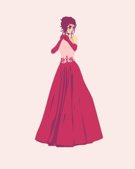 Sexy woman silhouette in red evening dress. Queen or princess rise her hands to face. Sugar skull face paint.