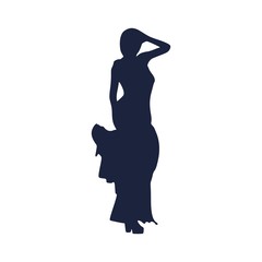 Sexy woman silhouette in evening dress. Lady rise her hand to head