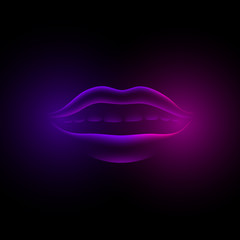 Neon violet glowing female lips. 3d fluorescent virtual girl mouth on a black background.