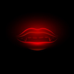 Red neon and glowing vampire mouth on a black background. Vector realistic 3d girl lips with a vampire teeth.