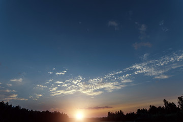 Beautiful foggy landscape, sunset. The fog glowing in the sunlight, above the meadow grass.