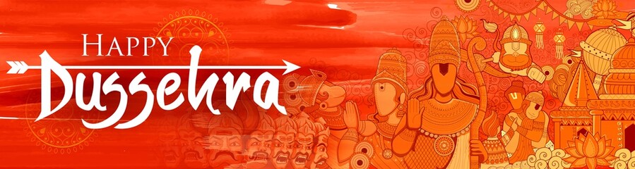 Lord Ram, Sita, Laxmana, Hanuman and Ravana in Dussehra Navratri festival of India poster - obrazy, fototapety, plakaty