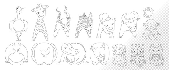 Contour african animals. Leopard, tiger,  lion, rhinoceros, crocodile, elephant, hippo, monkey, buffalo, camel, zebra, antelope, giraffe, ostrich isolated on  background.