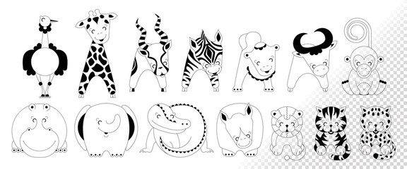 Contour african animals. Leopard, tiger, lion, rhinoceros, crocodile, elephant, hippo, monkey, buffalo, camel, zebra, antelope, giraffe, ostrich isolated on background.