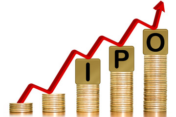 Red arrow over stacks of coins with the letters IPO on white background, concept of Increased investment