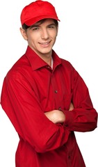 Portrait of young man in red shirt isolated on white background