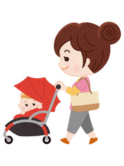 ベビーカーを押して歩くママ