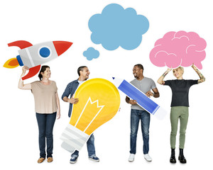 Happy people holding startup icons