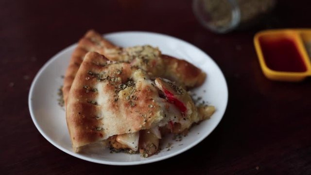 Sausage & Crab Sticks Pizza puff and hand katchub - tomato sauce