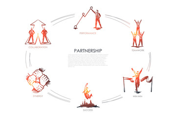 Partnership - teamwork, win-win, collaboration, performance, synergy set concept.
