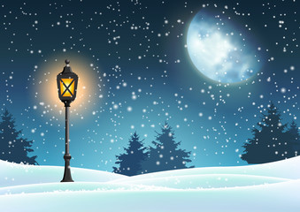Winter Christmas motive, vintage lantern in snowy nature