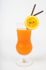 Glass of orange juice and cut orange fruits isolated on white background