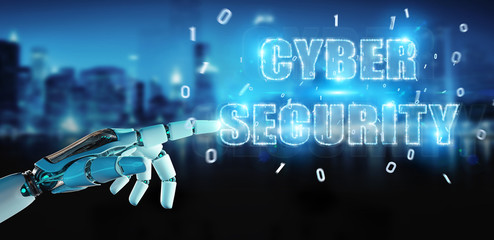White humanoid hand using cyber security text hologram 3D rendering