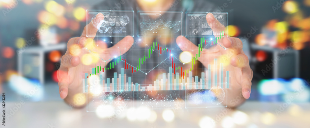 Aufkleber Businessman using 3D rendering stock exchange datas and charts