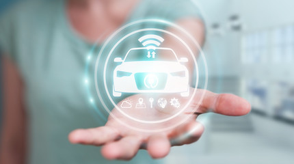Businesswoman using modern smart car interface 3D rendering