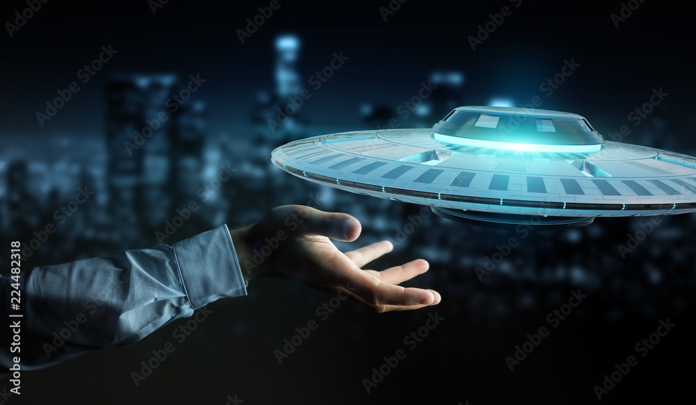 Aufkleber businessman with retro ufo spaceship 3d rendering
