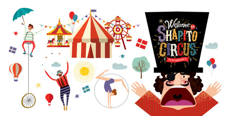 Circus! Vector illustration on a poster or banner for a circus show with acrobats, magicians and clowns, isolated objects and elements Welcome to the performance! © Ardea-studio