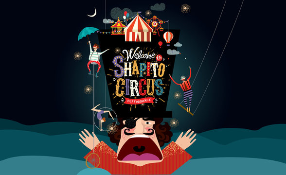 Circus! Vector illustration on a poster or banner for a circus show with acrobats, magicians and clowns, isolated objects and elements Welcome to the performance!