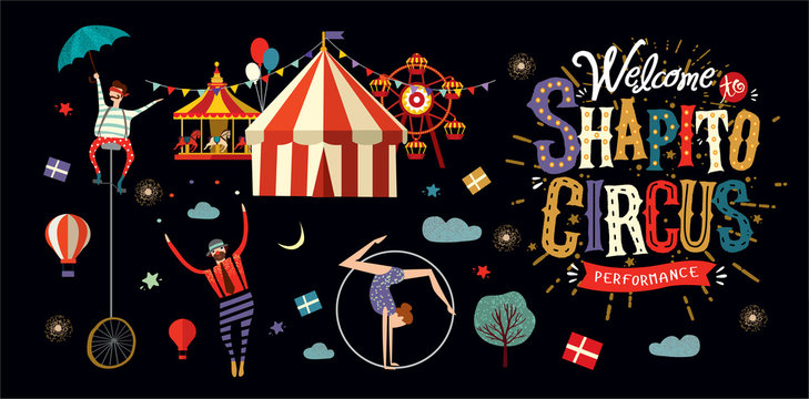 Circus! Vector illustration on a poster or banner for a circus show with acrobats, magicians and clowns, isolated objects and elements Welcome to the performance!