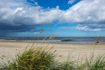 Bright sun and dark rain clouds above the Baltic sea.